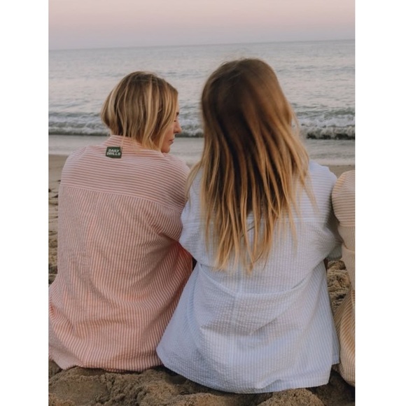 Daily Drills Seersucker Boxy Button Down Shirt Resort Pants Two Piece Set Orange - Picture 6 of 6